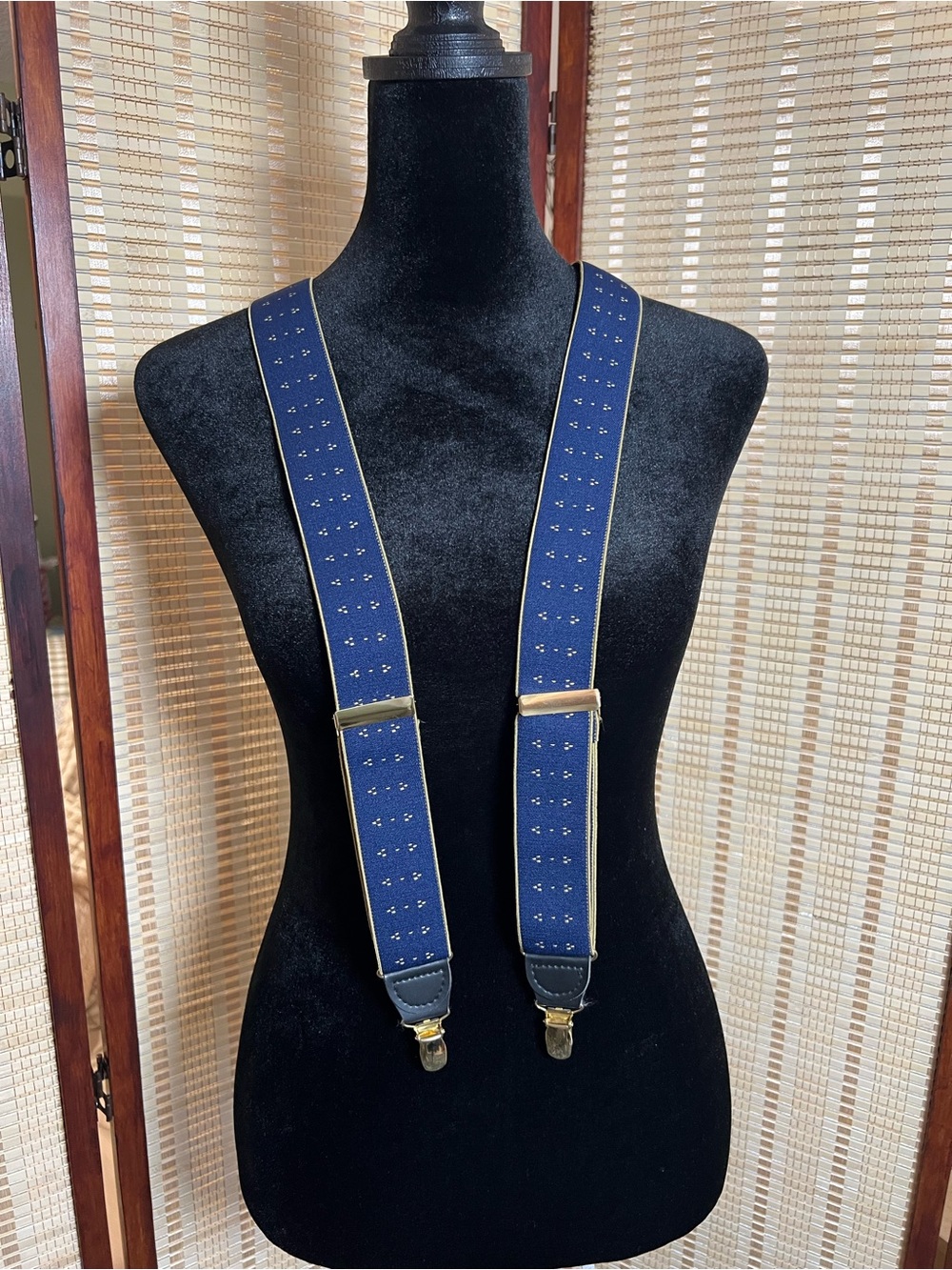 Vintage CAS Germany Navy Blue Gold Polka Dot Suspenders Y-Back
